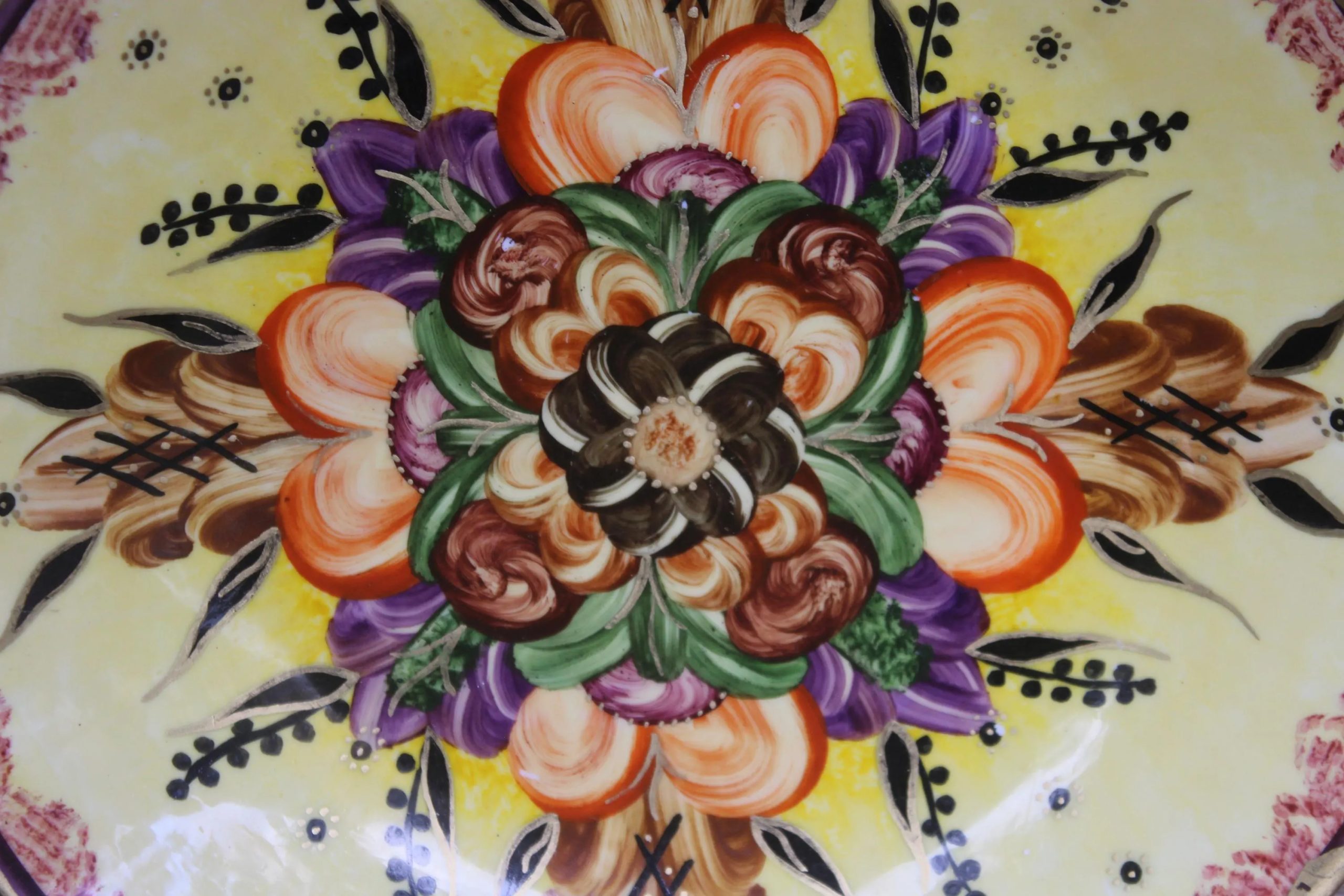 Retro round yellow floral ceramic decorative plate - View 3