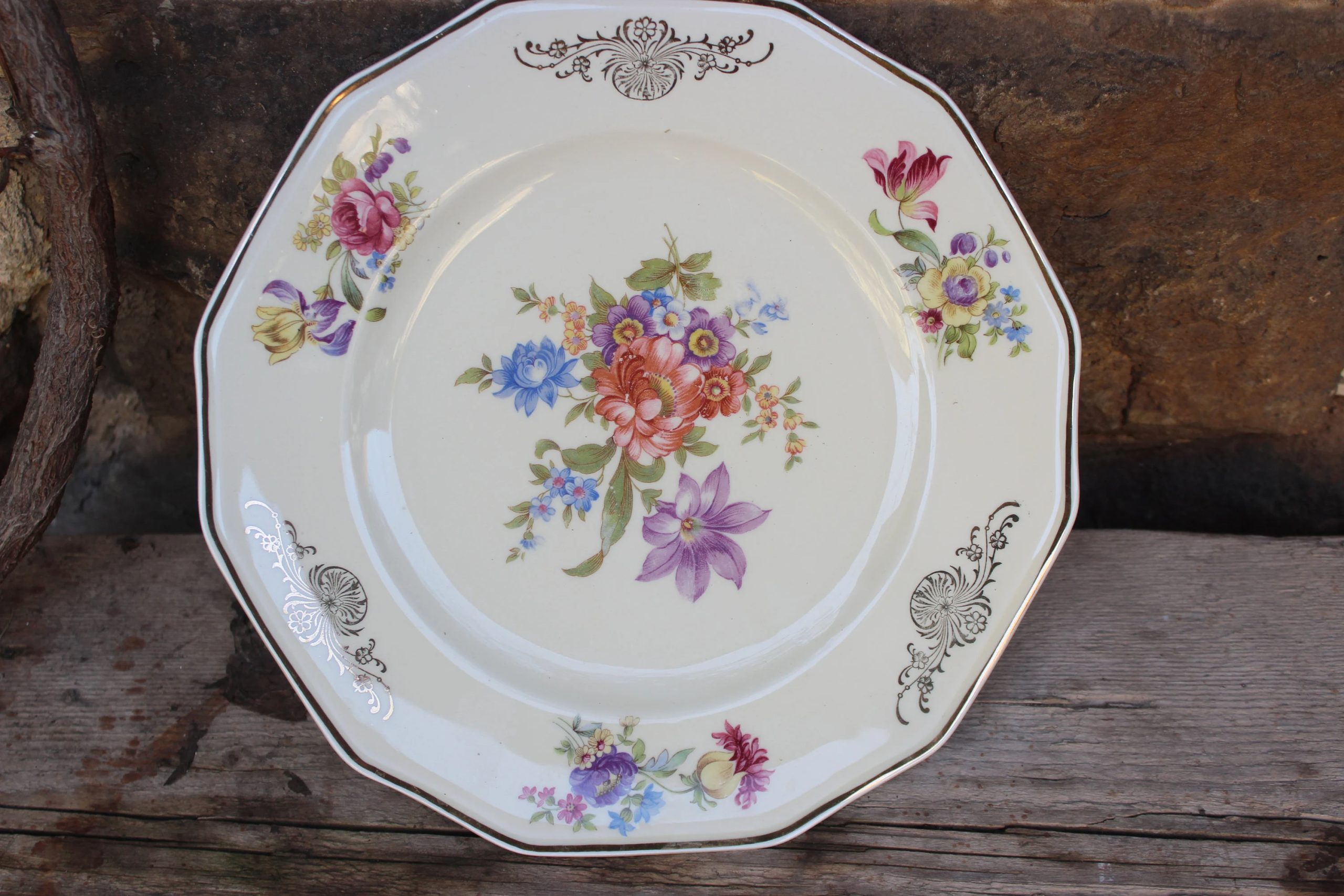 Octagonal floral porcelain plate