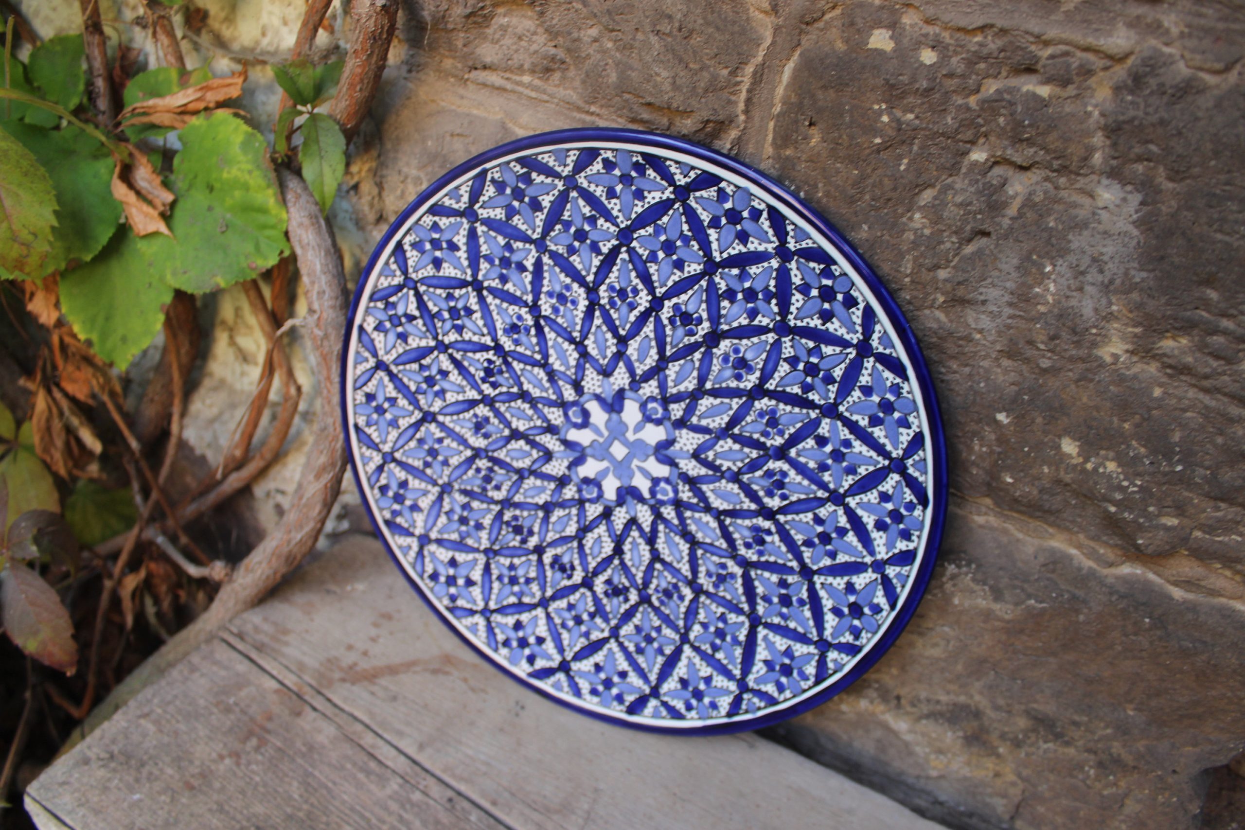 Blue geometric pattern decorative plate - View 2