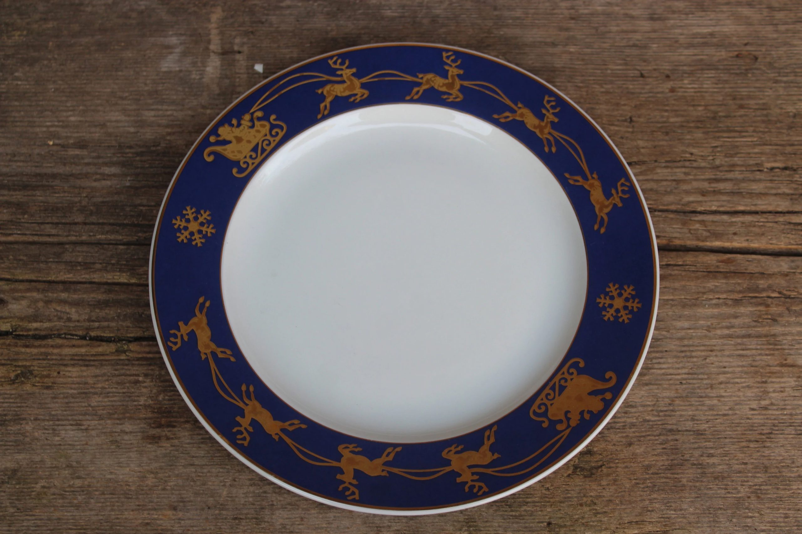 Retro Holiday Blue and Gold Reindeer Ceramic Plate